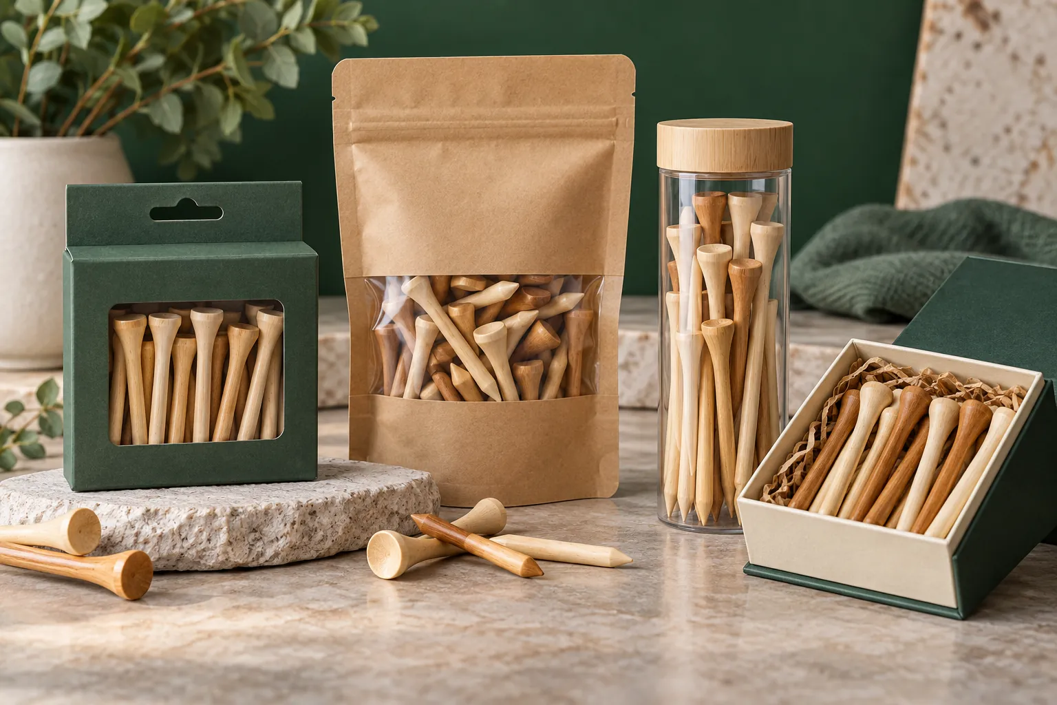 Golf Tee Packaging: Boxes, Pouches, Tubes and Pack Planning Golf tees displayed in box, pouch, tube and gift packaging formats