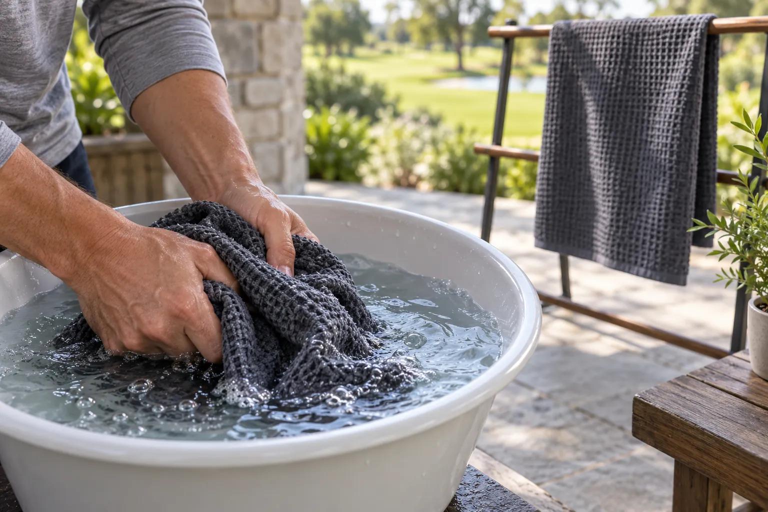 How to Wash Golf Towels: Fabric, Logo and Hardware Care Golf towel washed in a basin and dried on a rack