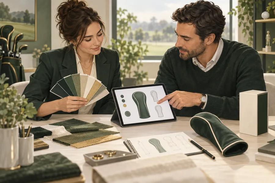 Illustration of professionals reviewing artwork, colors and packaging