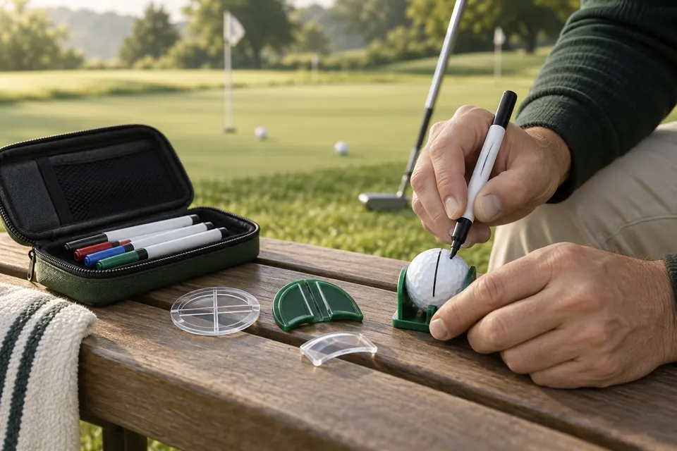 Custom Golf Ball Liner and Marker Set marking a golf ball beside a practice green