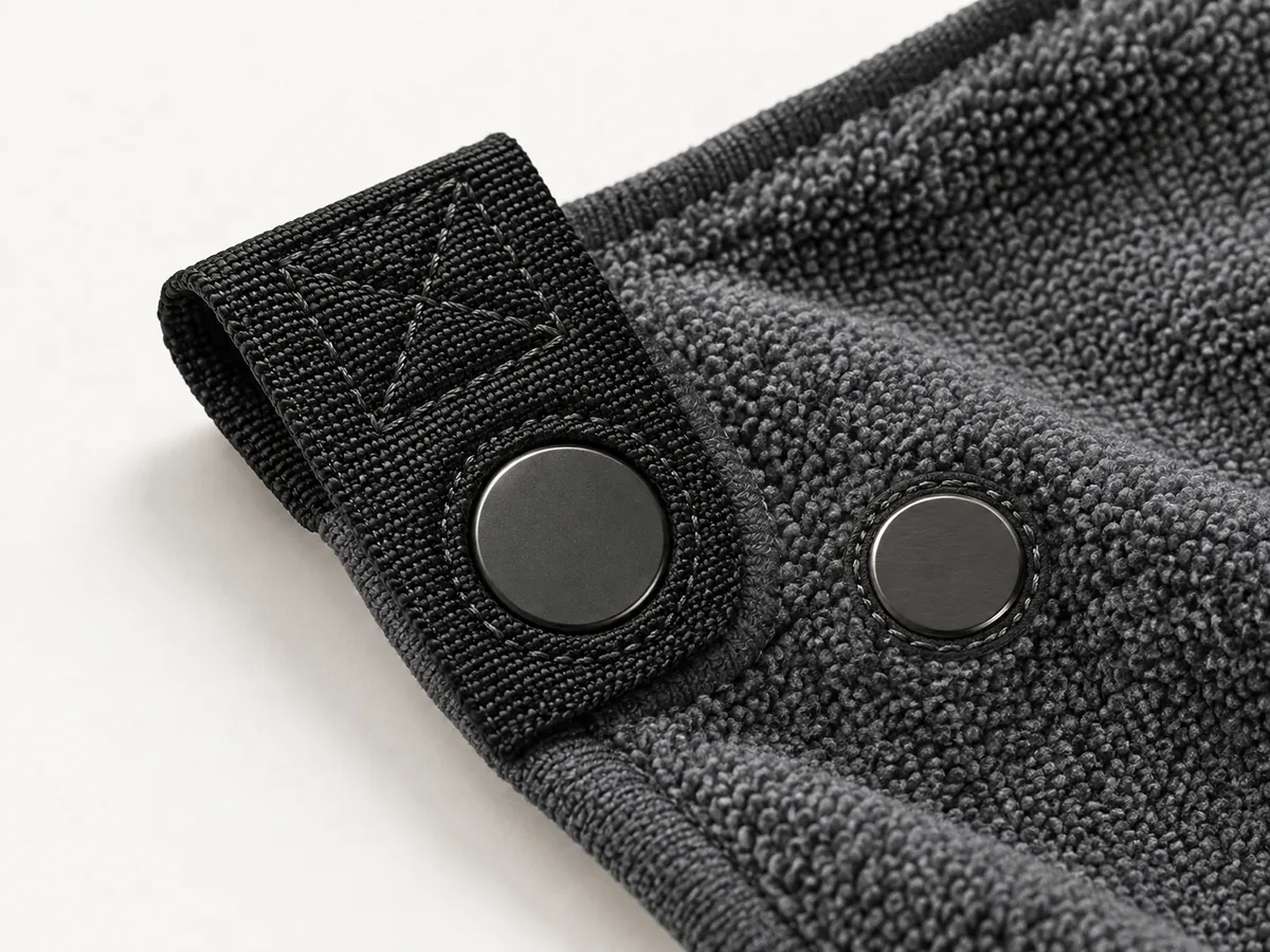 Custom Golf Towels | OEM Manufacturer | PassenGolf Close-up of reinforced magnetic golf towel attachment construction