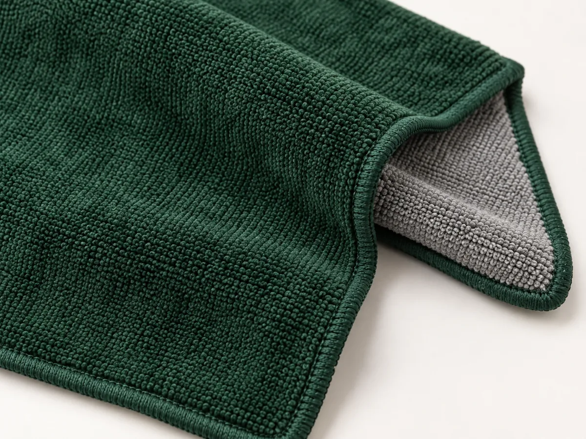 Custom Golf Towels | OEM Manufacturer | PassenGolf Close-up of dense green microfiber golf towel surface and bound edge