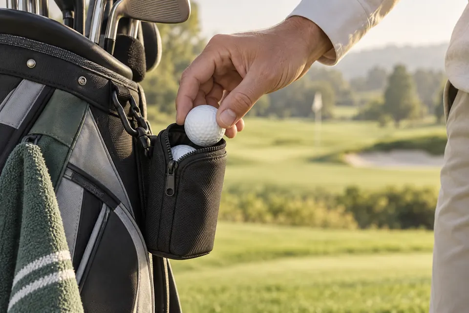 Custom Mini Golf Ball Pouch retrieving a golf ball from a small accessory pouch
