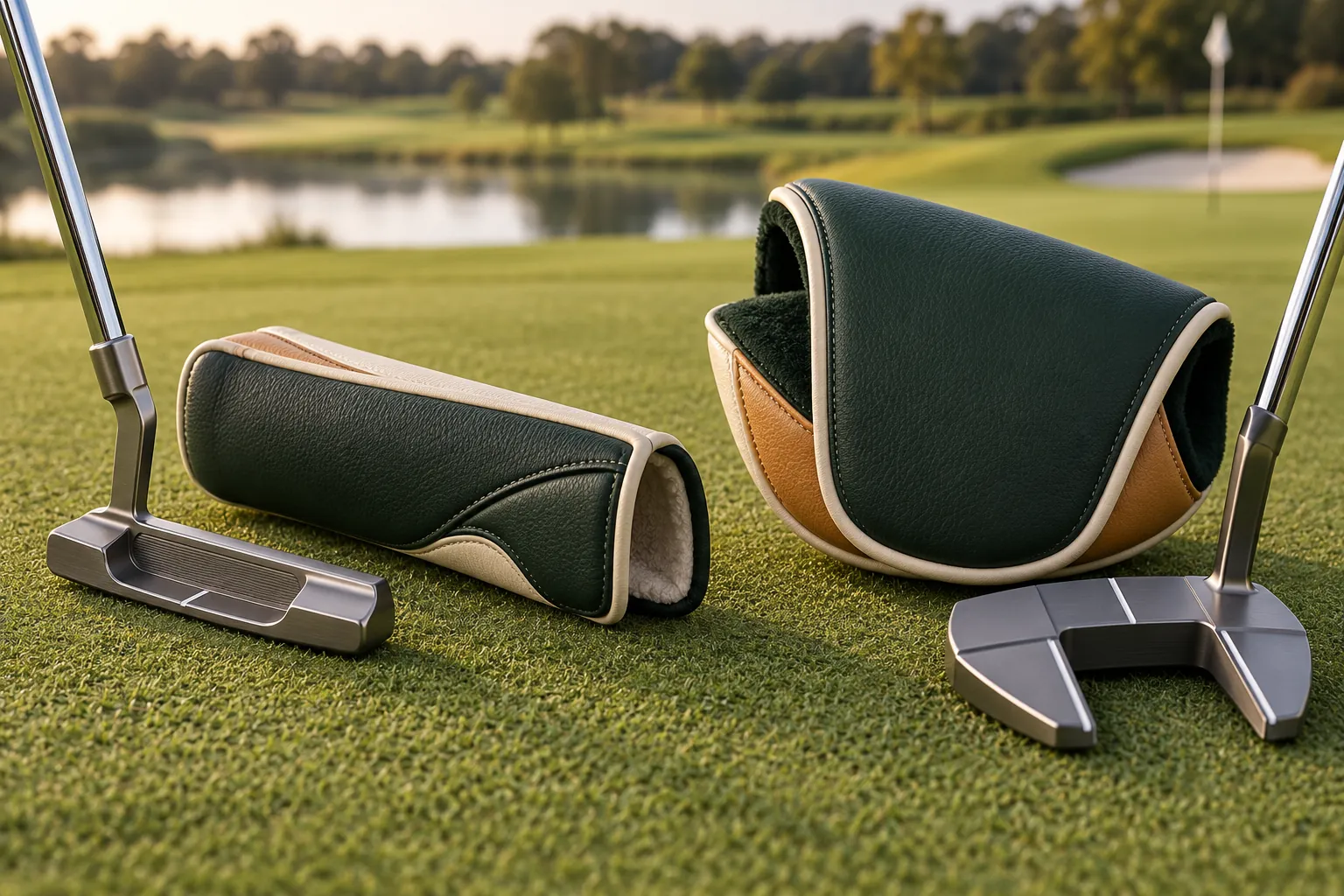 Blade and mallet putter covers beside matching unbranded putters