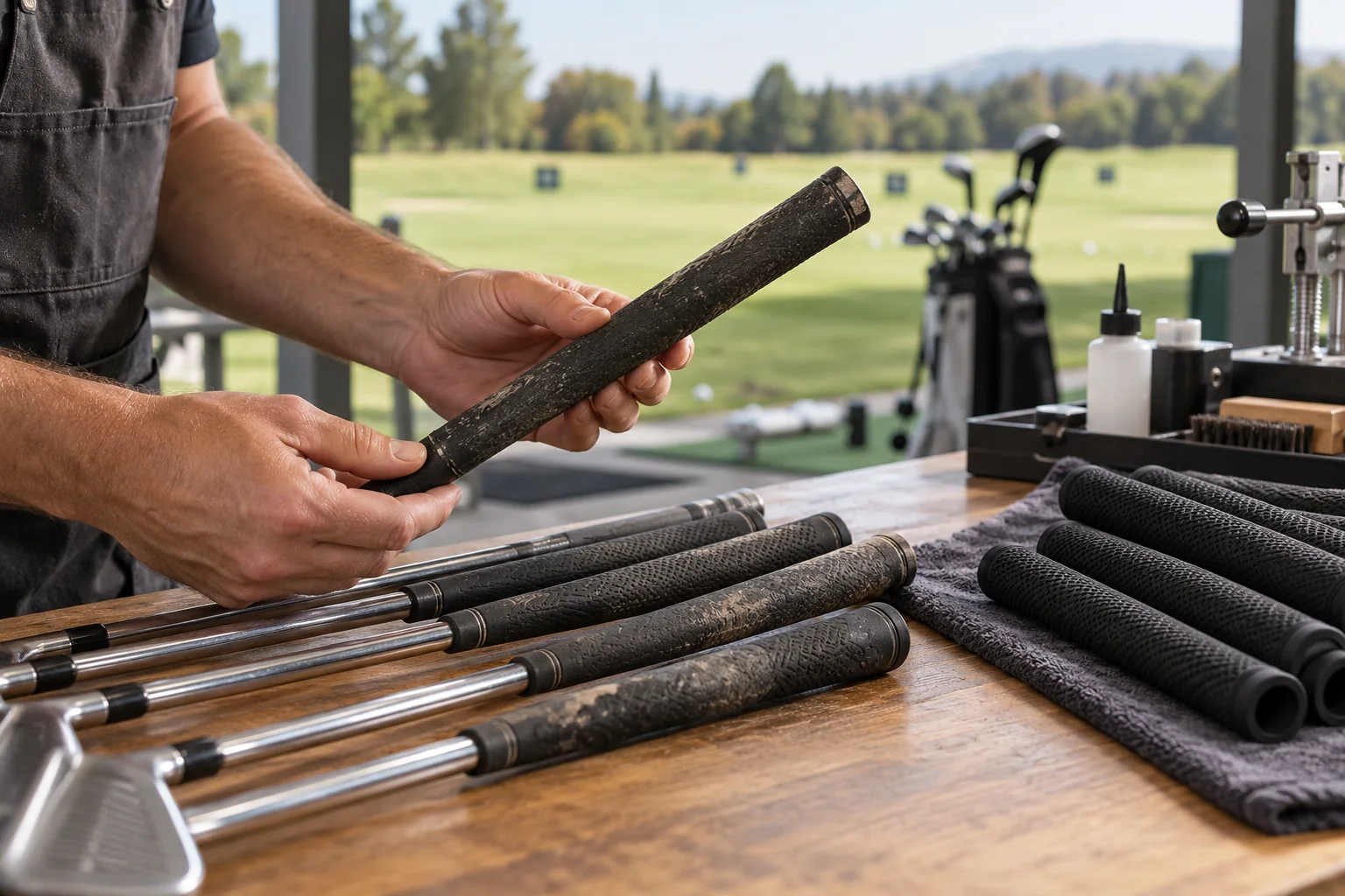 How Often to Regrip Golf Clubs: Signs and Replacement Guide Technician comparing worn golf club grips with fresh unbranded grip samples