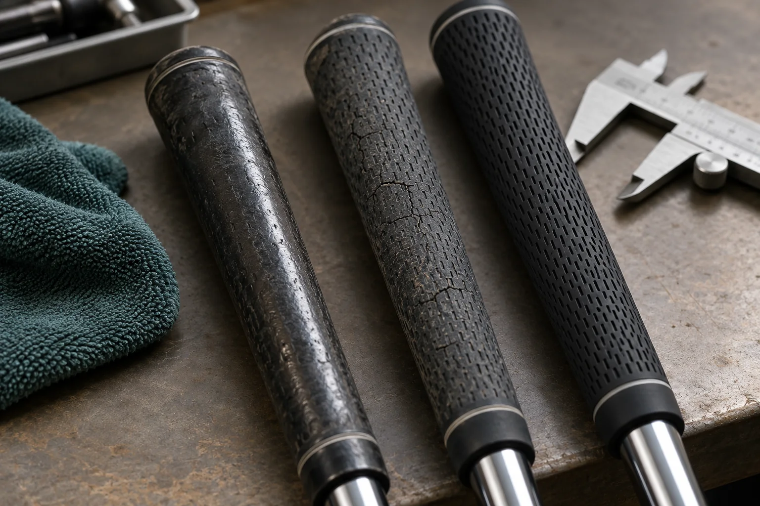 How Often to Regrip Golf Clubs: Signs and Replacement Guide Glossy worn, cracked and fresh golf grip surfaces compared on a workshop bench