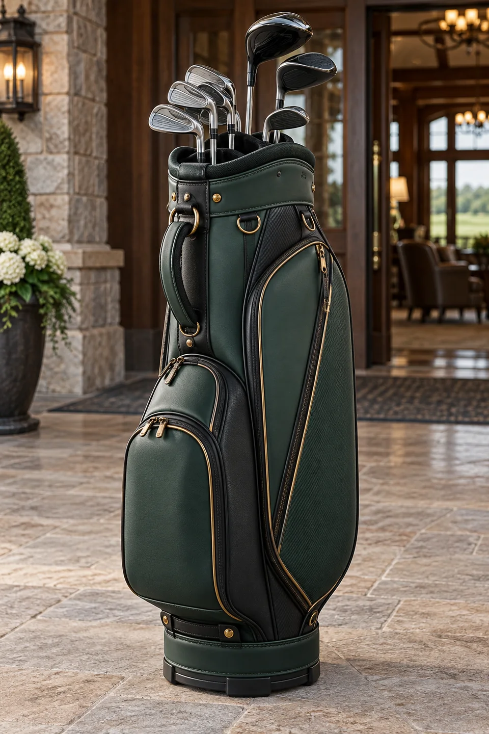 Custom Golf Bags | OEM Manufacturer | PassenGolf Unbranded forest green staff golf bag with gold piping at a clubhouse