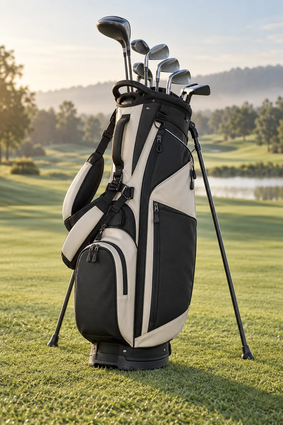 Custom Golf Bags | OEM Manufacturer | PassenGolf Unbranded black and ivory stand golf bag with shoulder straps on a golf course