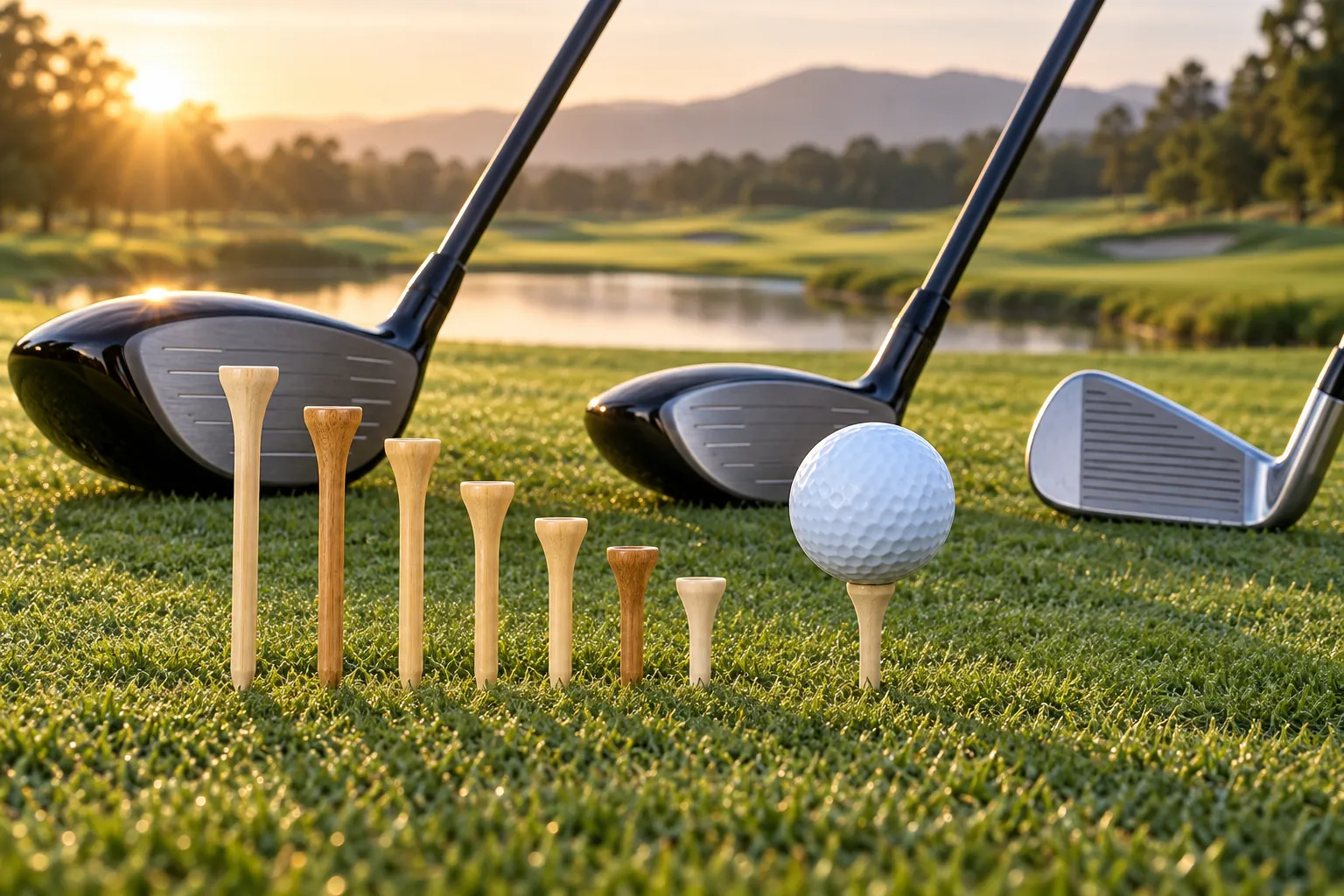 Standard golf tee length comparison beside driver, fairway wood and iron