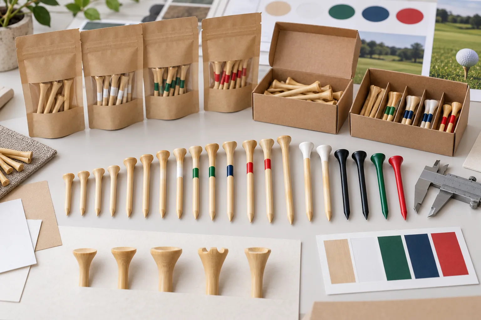 Standard Golf Tee Length: Sizes, Club Use and Pack Planning Golf tee length range with bamboo tees, color bands, pouches and boxes