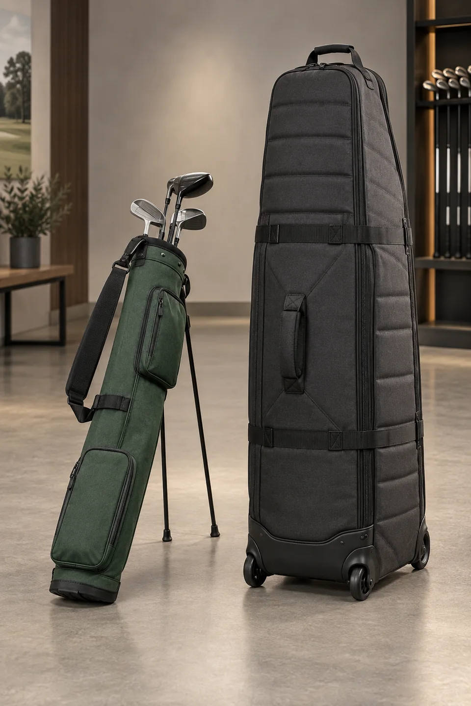 Custom Golf Bags | OEM Manufacturer | PassenGolf Unbranded lightweight Sunday golf bag beside a padded wheeled travel cover