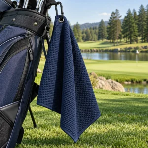 Waffle golf towel with reinforced grommet and carabiner hanging on a golf bag