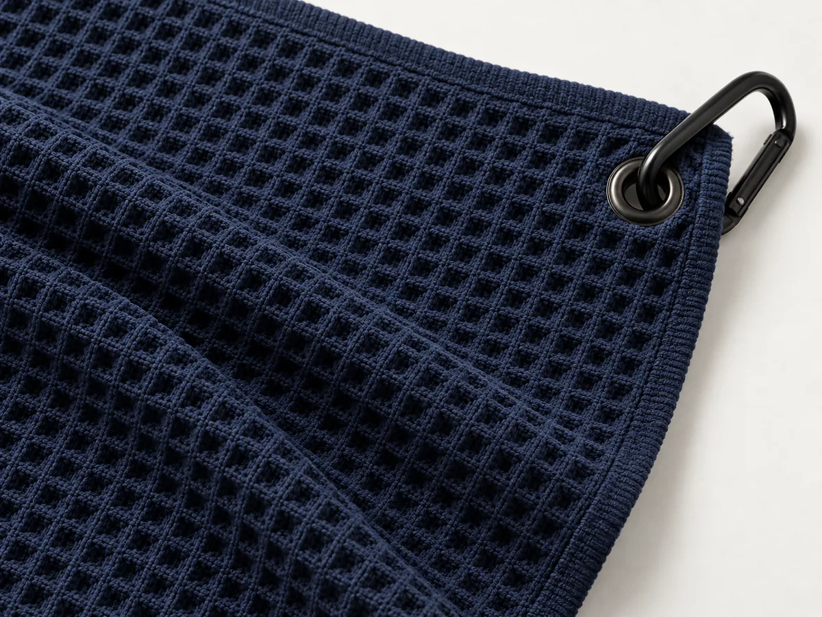 Custom Golf Towels | OEM Manufacturer | PassenGolf Close-up of navy waffle golf towel texture with grommet and carabiner