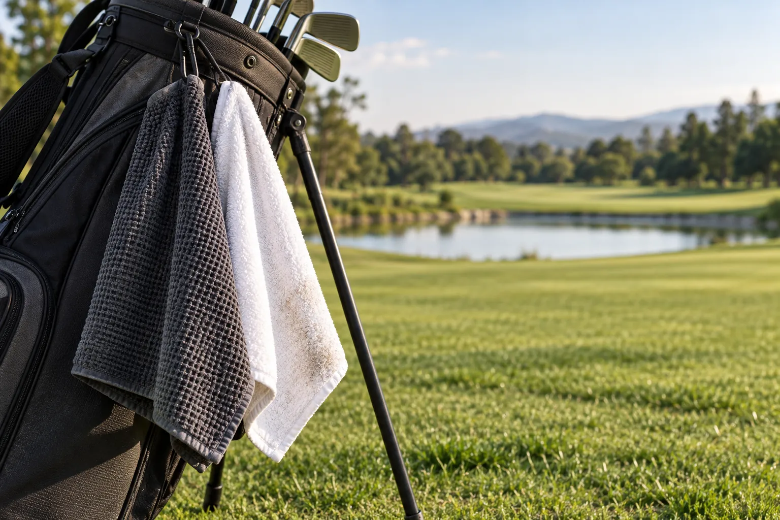 Two golf towels hanging from a golf bag outdoors