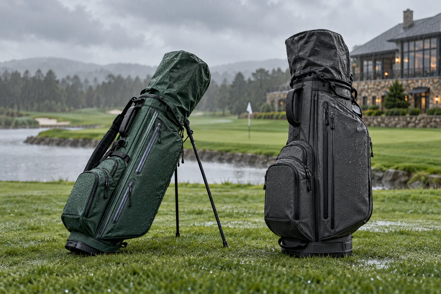 Waterproof golf bags in stand and cart formats on a rainy golf course