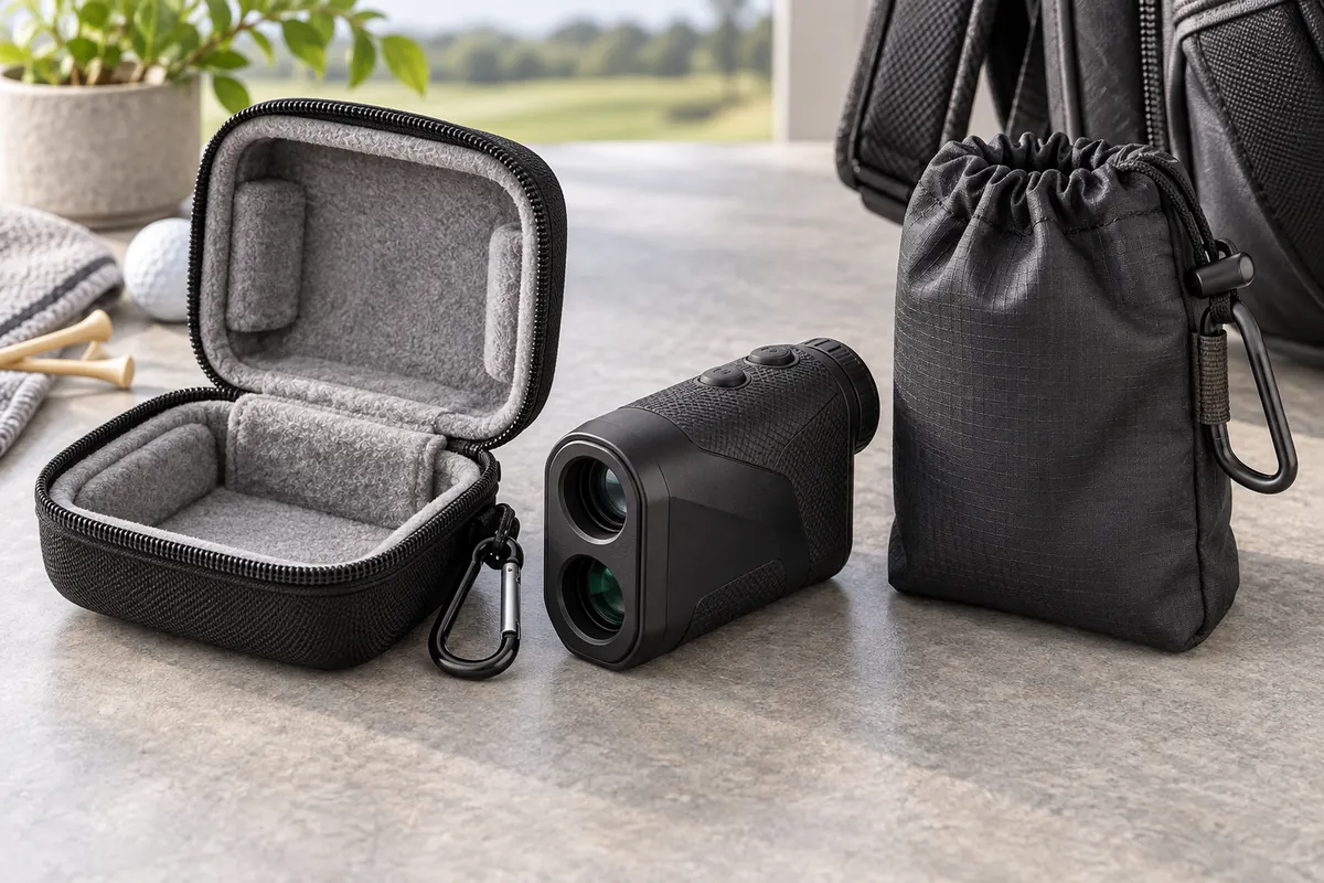 Structured zip case and soft cinch pouch beside a handheld golf rangefinder for format comparison