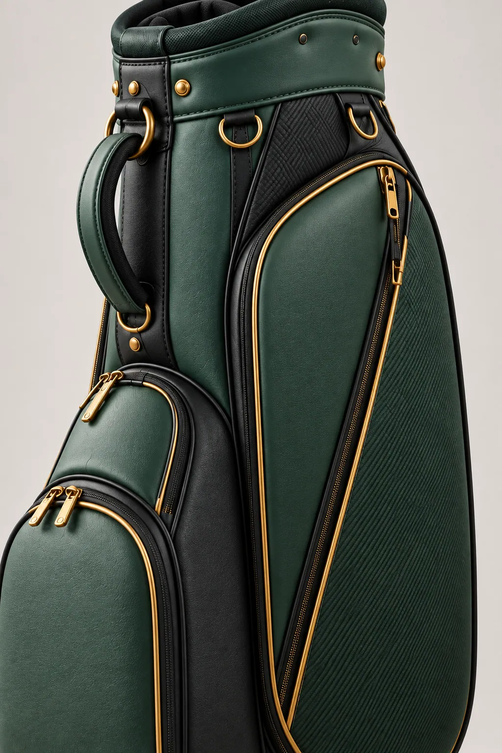 Custom Golf Staff Bags for Brand Presentation Close view of staff golf bag presentation panel, gold piping and zipper