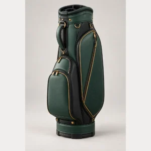 Full forest green and black staff golf bag on a square studio background