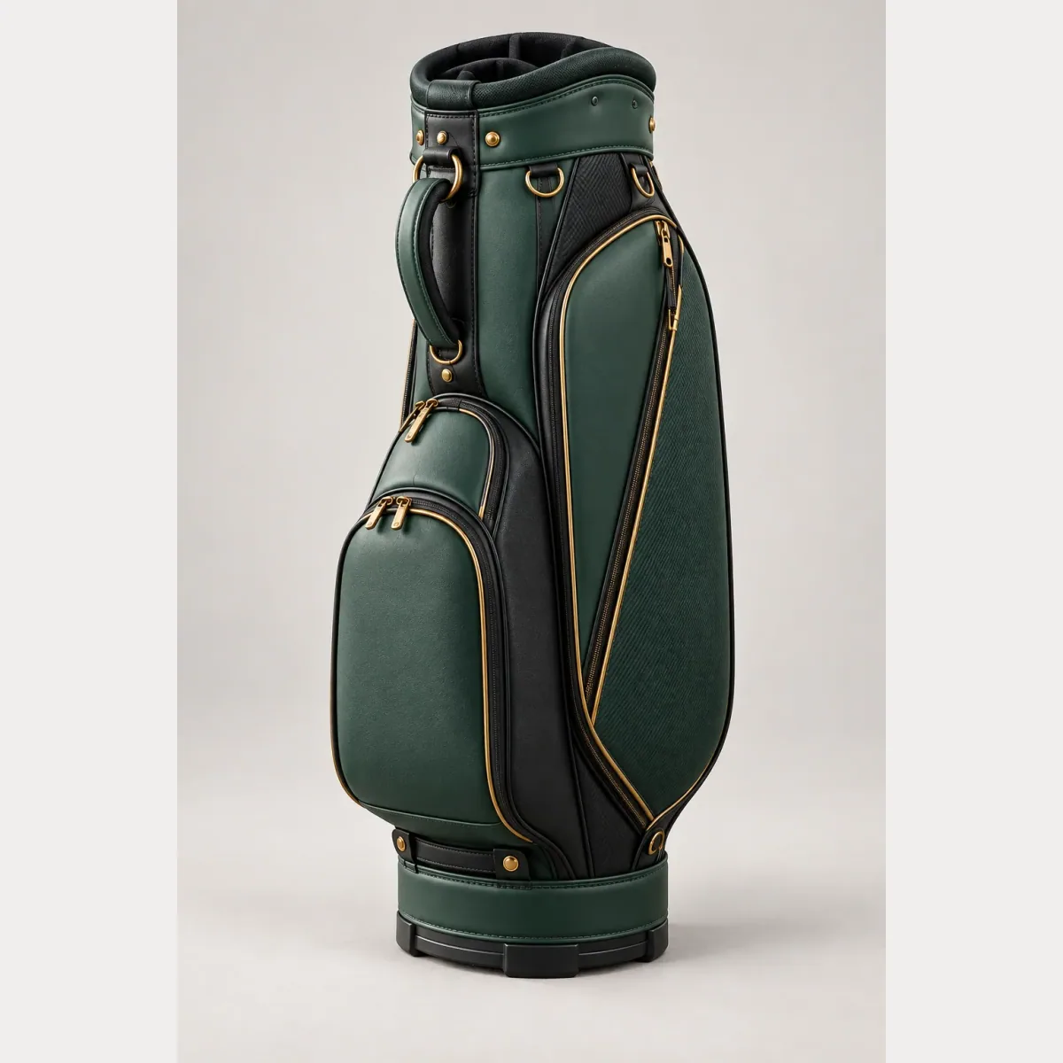 Custom Golf Staff Bags for Brand Presentation Full forest green and black staff golf bag on a square studio background