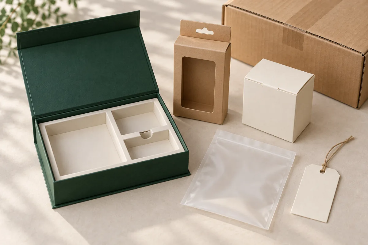 Custom Magnetic Golf Hat Clip & Ball Marker Empty presentation box, kraft retail carton, protective pouch, blank tag and shipping carton