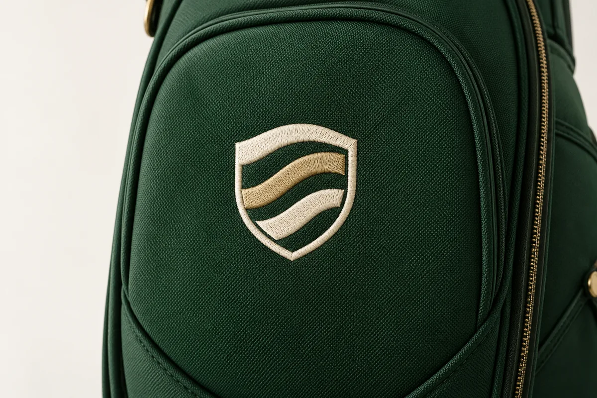 Custom Golf Bags | OEM Manufacturer | PassenGolf Embroidery on a green golf bag panel