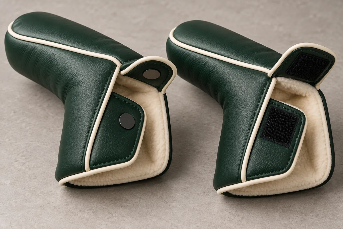 Two putter covers showing magnetic and hook-and-loop closure directions
