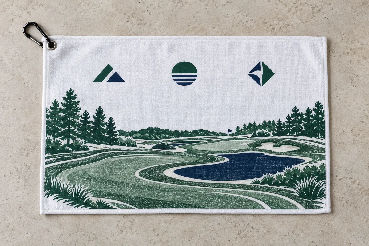 Full-Color Custom Golf Towels White golf towel with green course artwork, three coordinated abstract marks and a carabiner