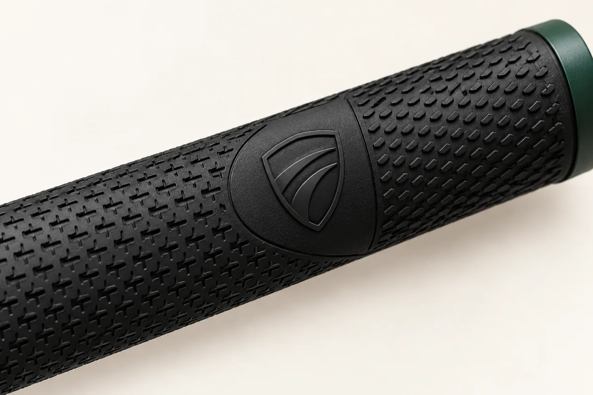 Custom Golf Grips | OEM Manufacturer | PassenGolf Raised molded emblem on a textured black golf grip