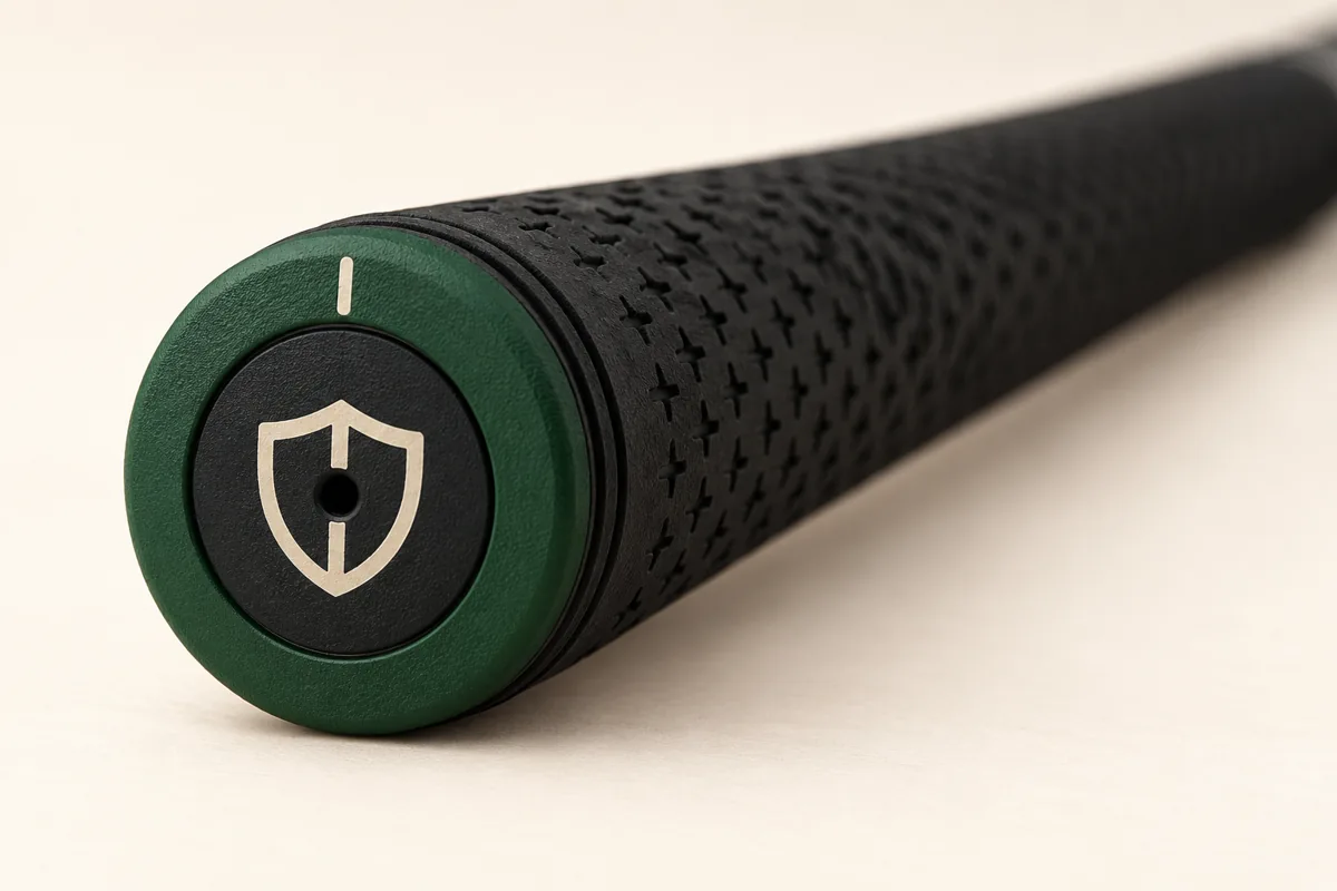 Custom Golf Grips | OEM Manufacturer | PassenGolf End-cap emblem and orientation detail on a golf grip