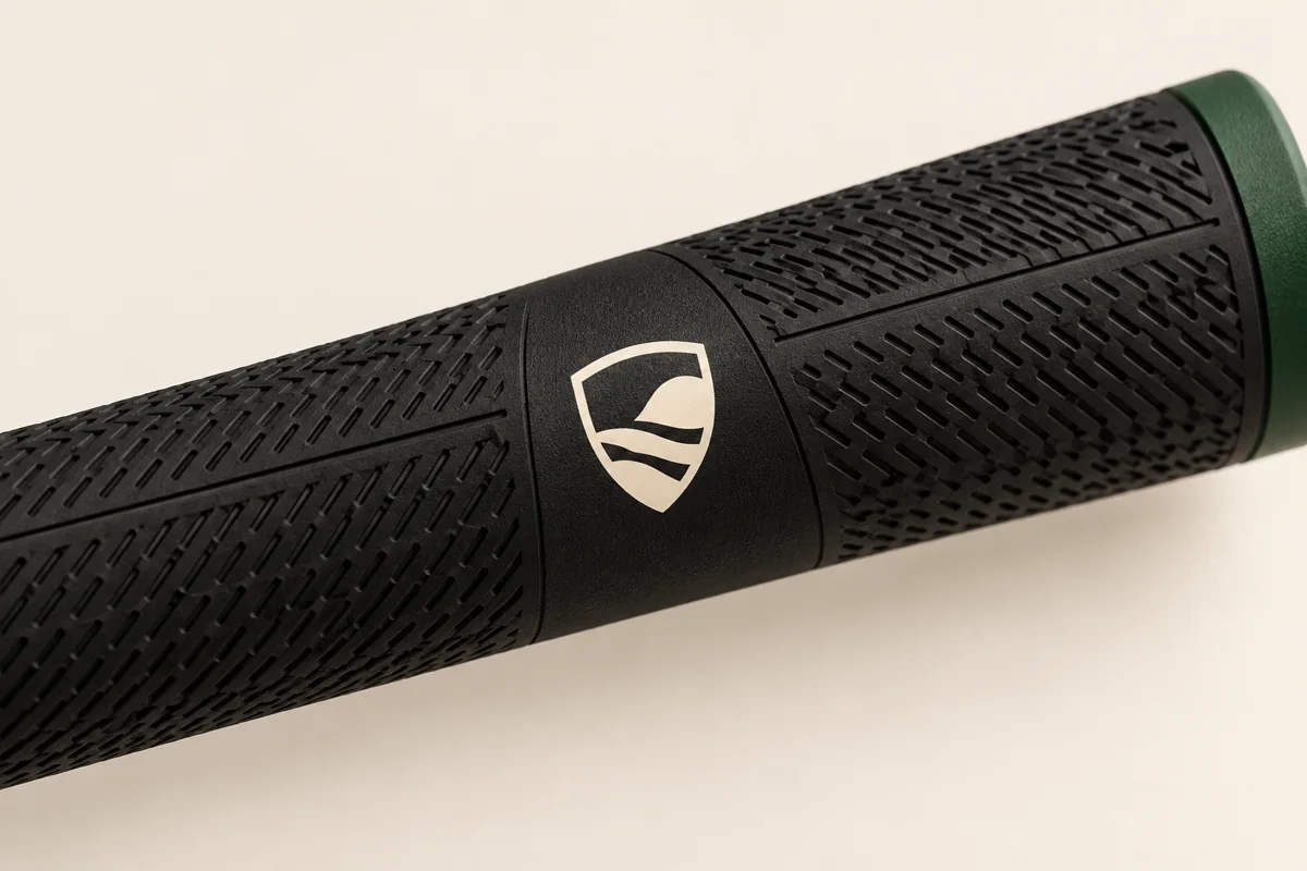 Custom Golf Grips | OEM Manufacturer | PassenGolf Flat printed emblem on a textured black golf grip