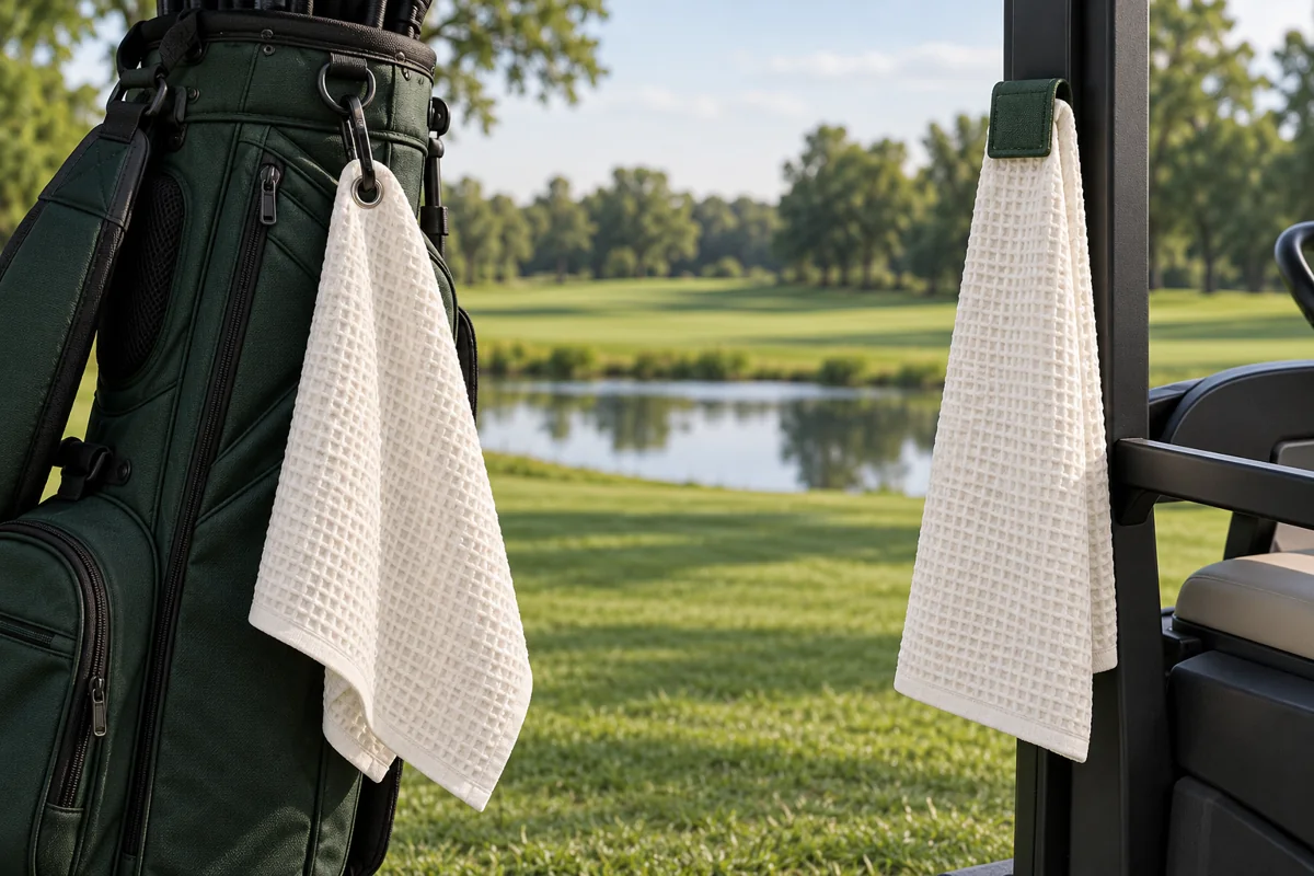 Golf towels attached by carabiner to a bag ring and magnetic tab to a steel support