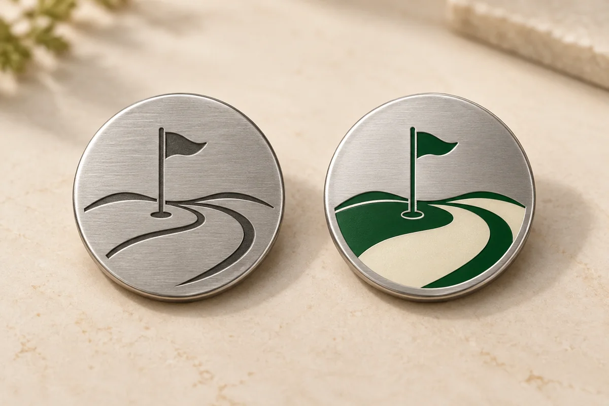 Monochrome engraved and full-color printed golf ball marker design directions