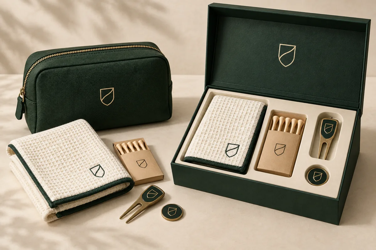 Coordinated golf tournament accessory pouch and presentation gift box