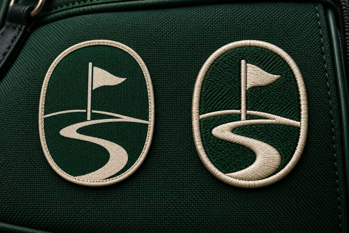 Flat woven and raised embroidered crest patches on a golf bag panel