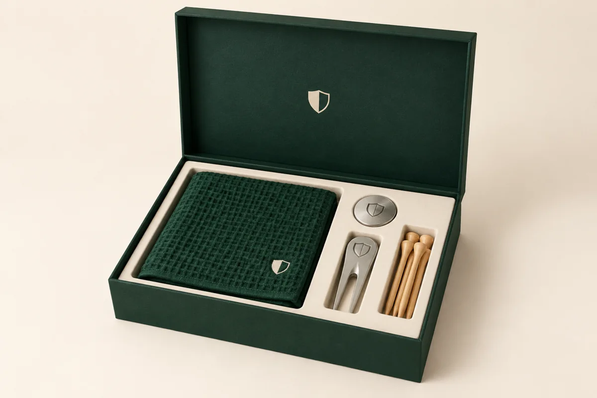 Custom Golf Tournament Player Pack Green presentation box with towel and fitted golf accessory insert