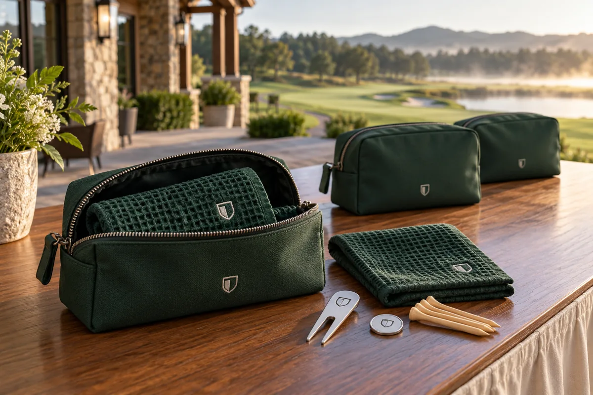 Custom Golf Tournament Player Pack Green golf tournament player pouch with towel tees marker and divot tool at a clubhouse