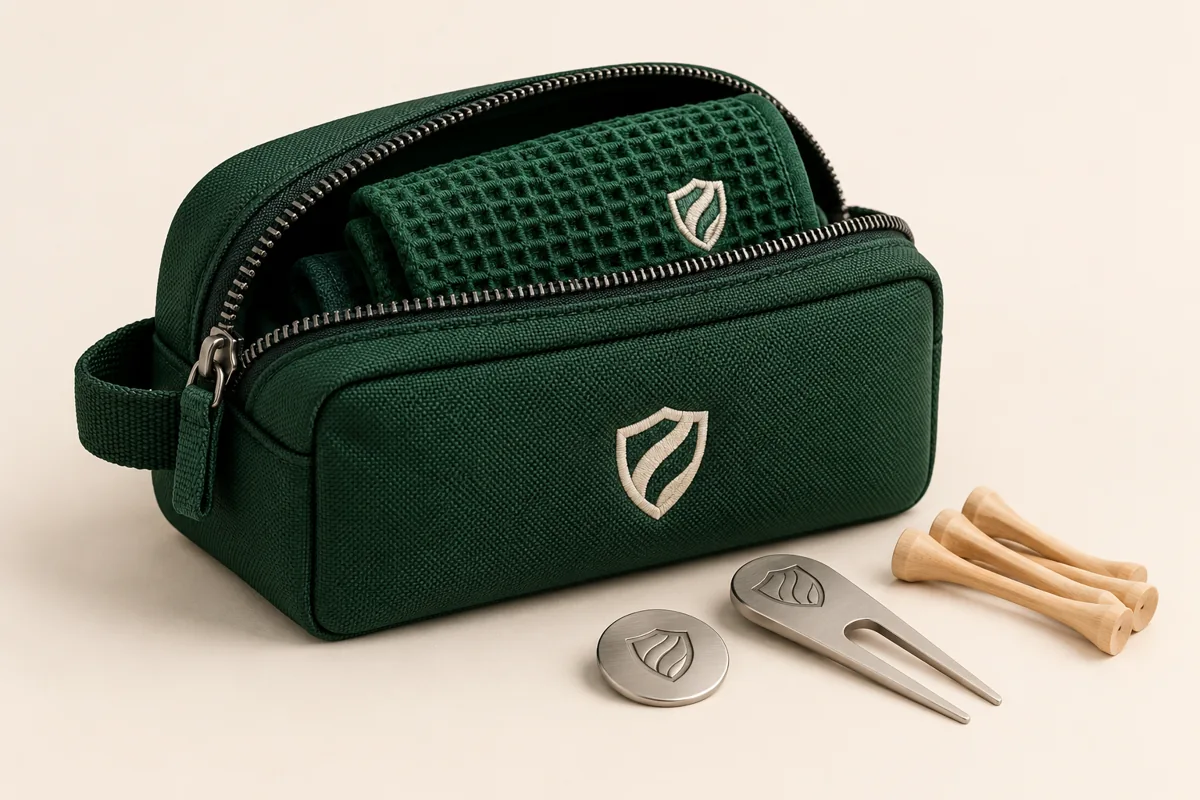 Custom Golf Tournament Player Pack Green waffle towel pouch with tees ball marker and divot tool