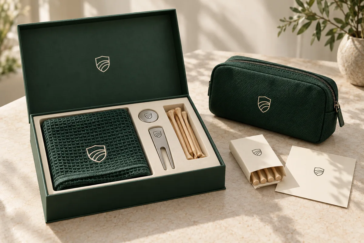 Custom Golf Tournament Player Pack Coordinated green golf gift box pouch towel and accessory packaging