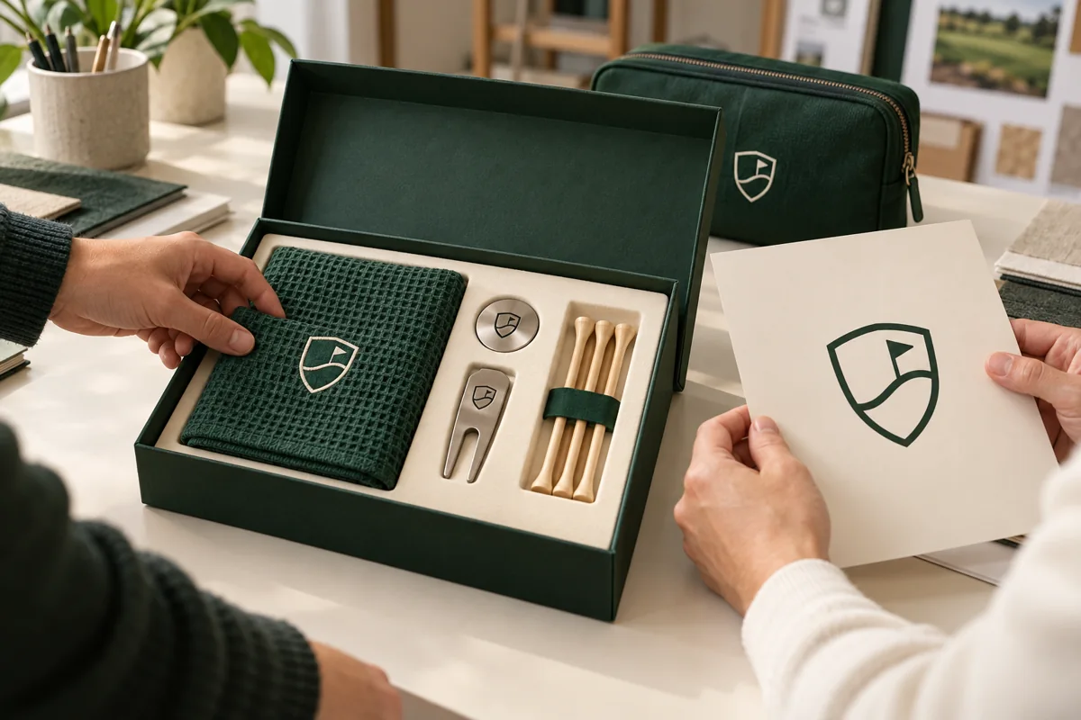 Custom Golf Tournament Player Pack Hands reviewing logo placement and the assembled golf player pack sample