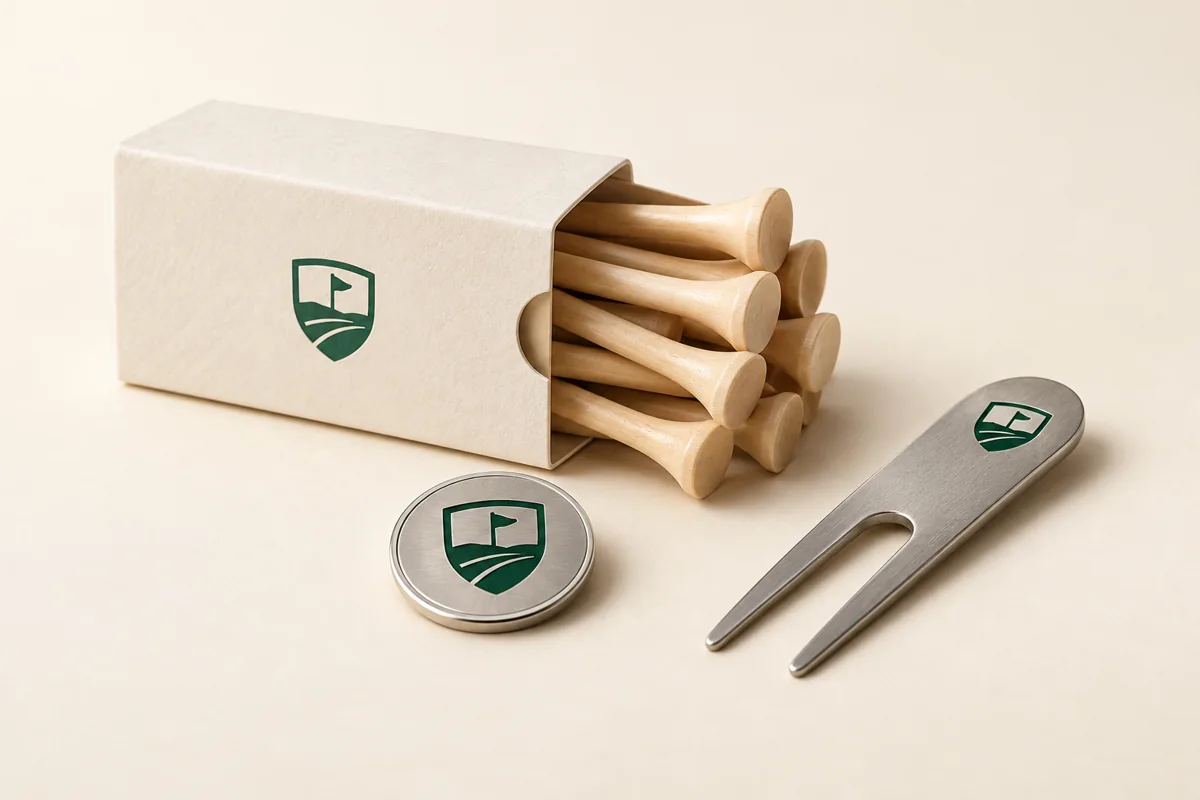 Custom Golf Tournament Player Pack Compact golf tees marker and divot tool pack in an ivory sleeve