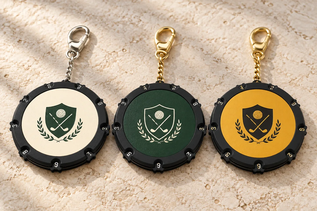 Custom Golf Stroke Counters | OEM Manufacturer | PassenGolf Ivory green and gold artwork directions on round golf stroke counters