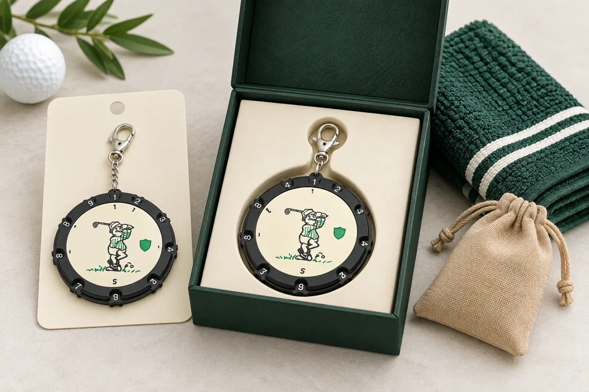 Custom Golf Stroke Counters | OEM Manufacturer | PassenGolf Round golf stroke counter backing card and gift box presentation options