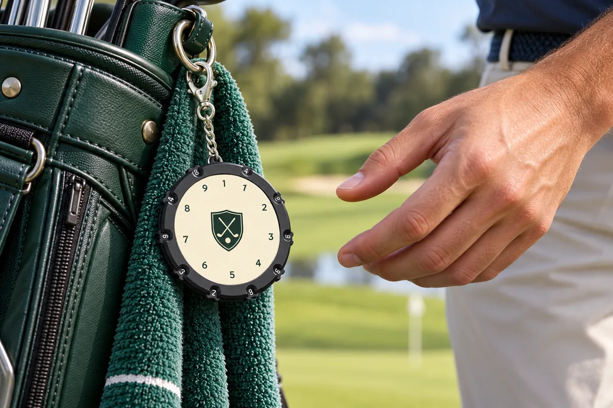 Custom Golf Stroke Counters | OEM Manufacturer | PassenGolf Round golf stroke counter attached to a golf bag during play