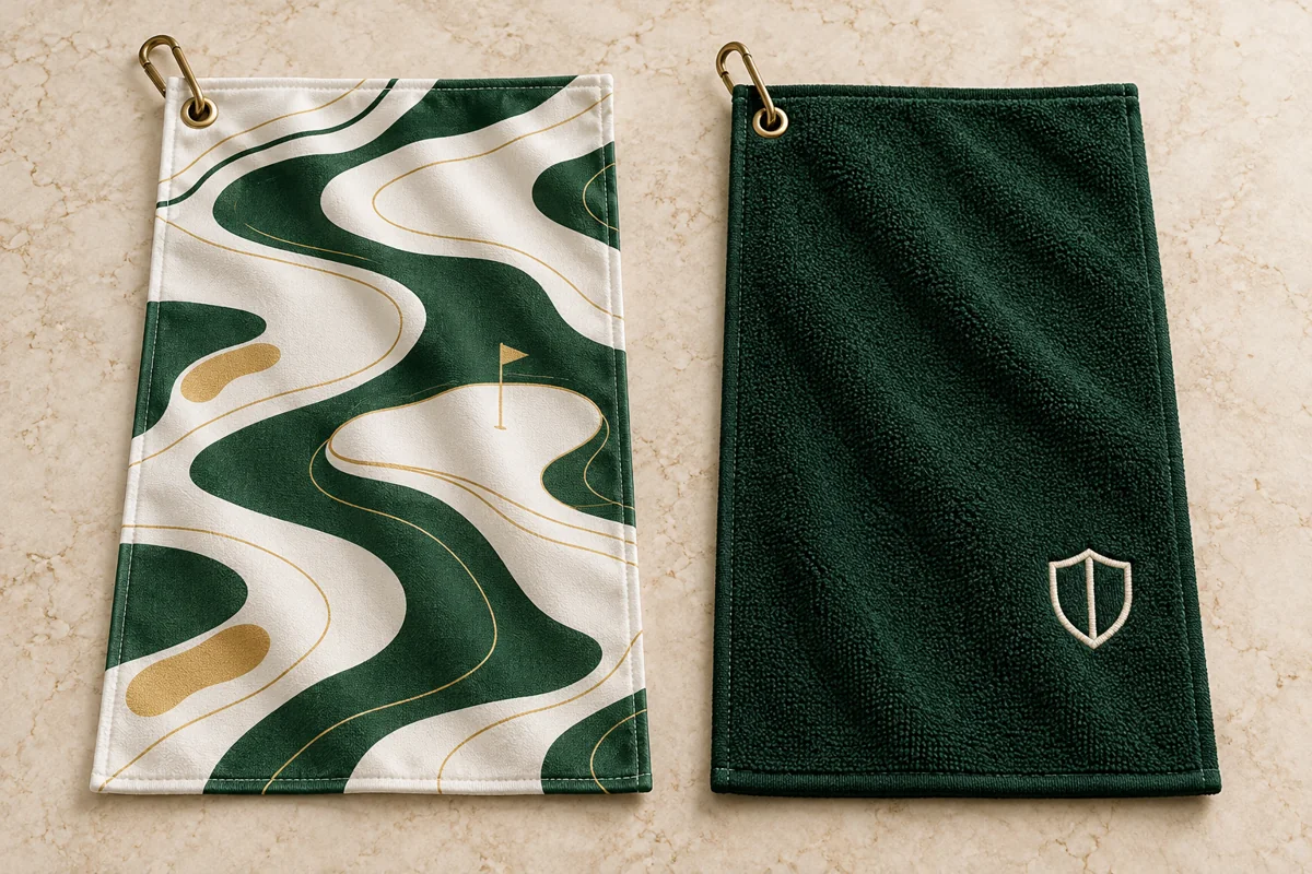 Printed golf towel and embroidered golf towel showing different artwork coverage